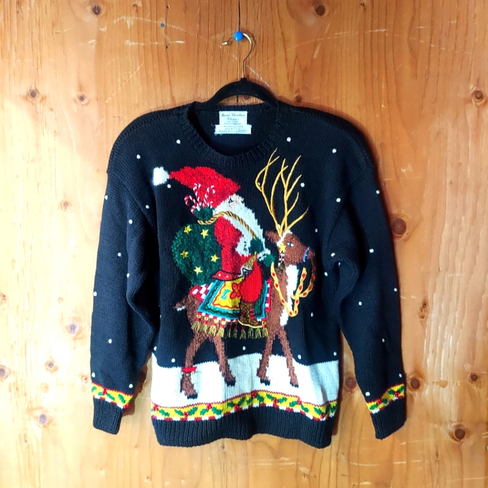 Marisa Christina Classics Vtg Black/Multi Knit Santa Claus & Reindeer Sweater